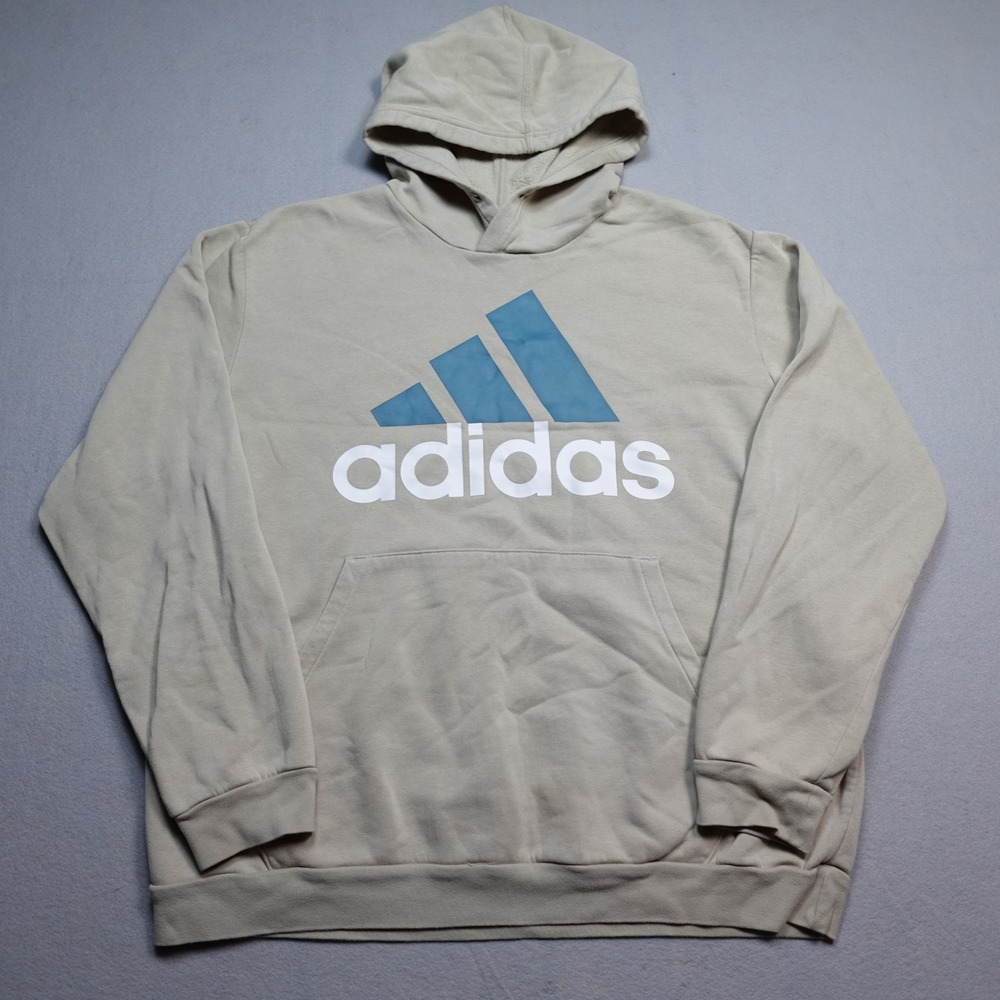 Adidas Hoodie Men XL Tan Pullover Logo Sweatshirt Sportswear Casual